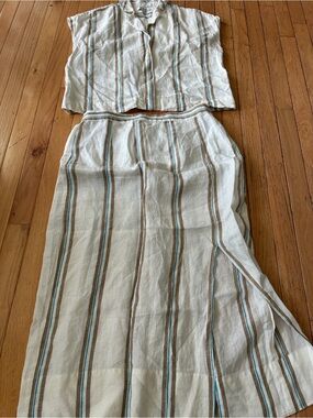 Madewelk linen Striped Maxi  Skirt  and top in Cream and Blue